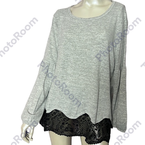 Maurice’s Gray Knit Long Sleeve Top Black Lace hem - Picture 1 of 11